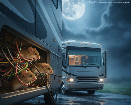 A close-up cutaway showing the RV’s internal wiring being chewed on by small mice