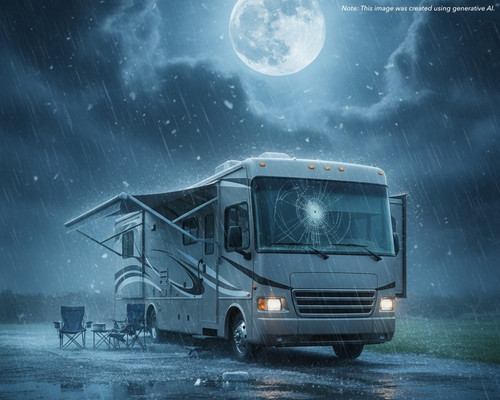 Large, jagged hailstones falling from a storm cloud, cracking an RV’s windshield and denting the roof.