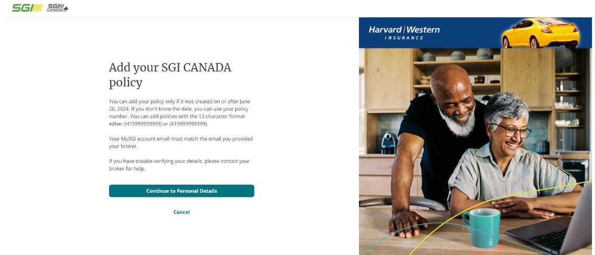 MySGI screen add your SGI Canada policy