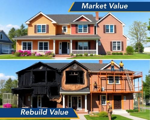 Diagram showing the difference between a traditional home's market value and its rebuild value.