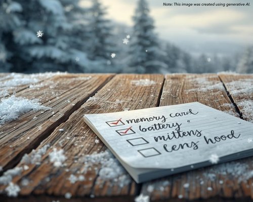 A photorealistic illustration of a winter checklist on a rustic, snow-dusted wooden table.