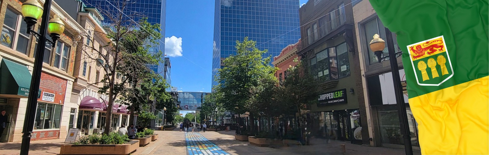 regina downtown with sask flag